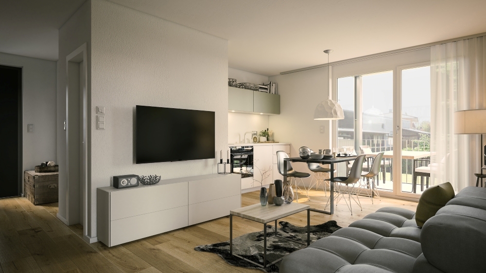 Furnished corporate apartment living room set up for an employee on a temporary assignment.